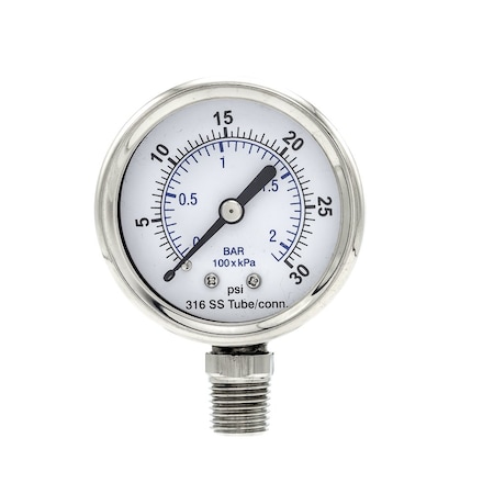 Pic Gauges 2 in Dial, 1/4 in NPT Male Lower Location, Stainless Steel Case Material PRO-301D-204C-01